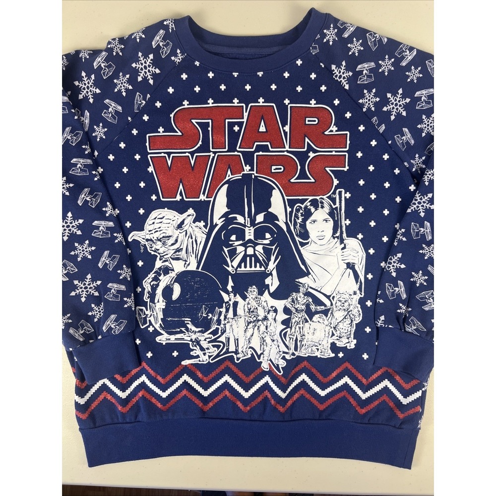 Star Wars Ladies Size L Navy Blue Glitter Fleece Sweatshirt Spellout Graphic EUC